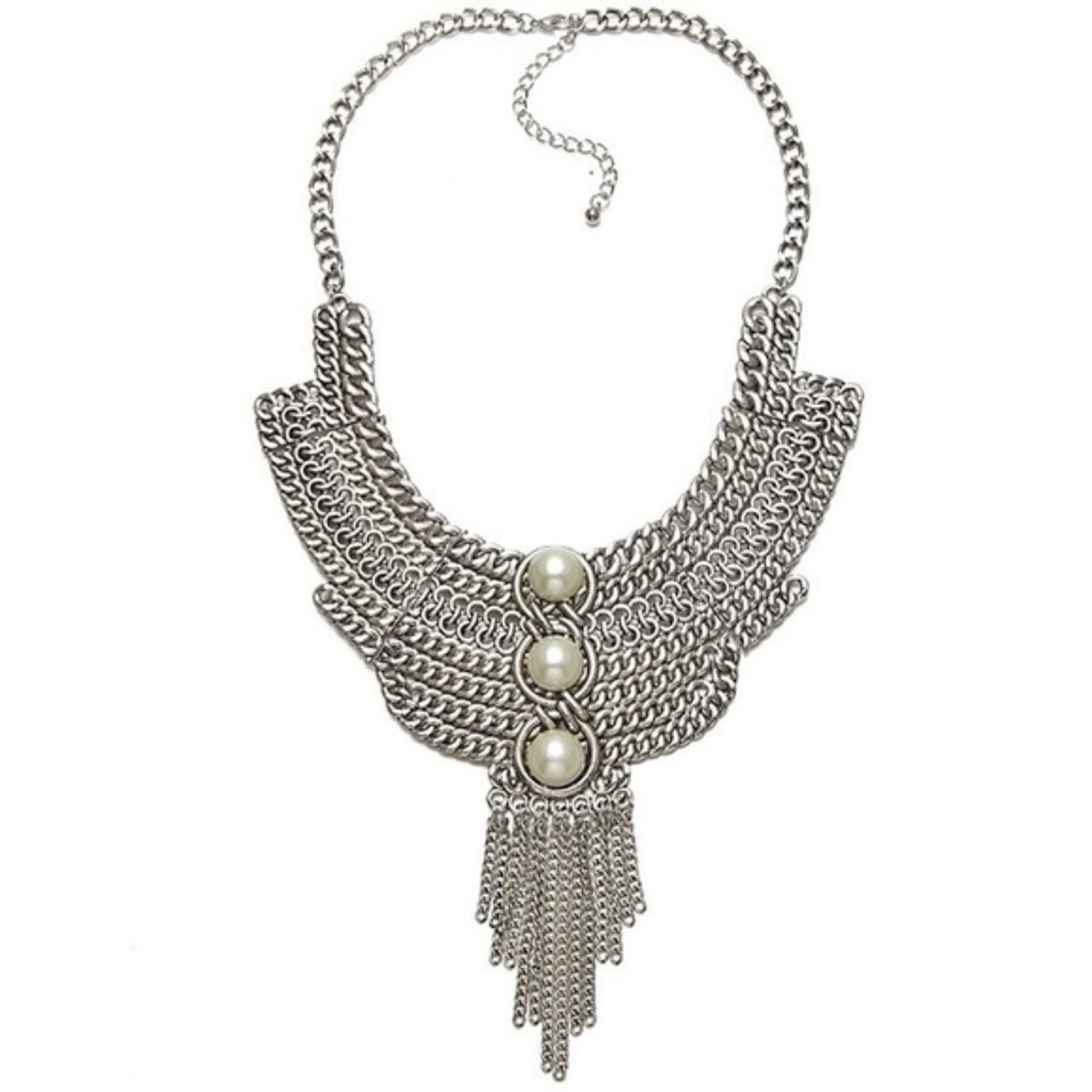 Silver Pearl Chain Collar Statement Necklace